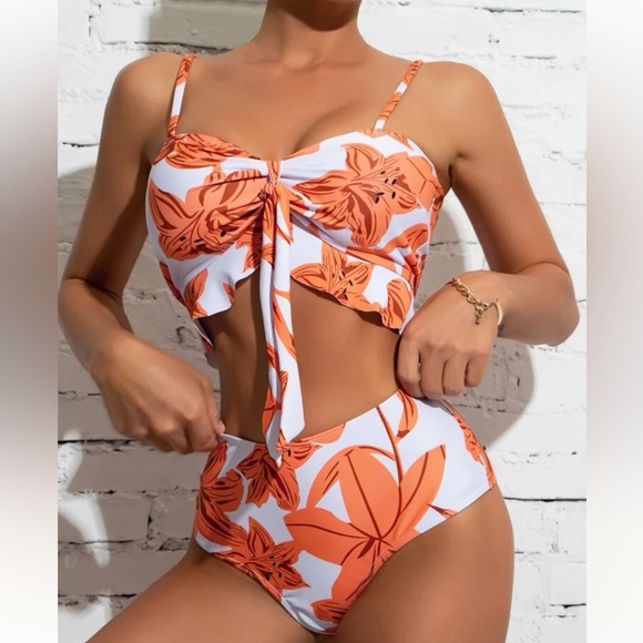 Swim Nwt L Piece Floral Graphic Front Knot Bikini Swimsuit And Cover